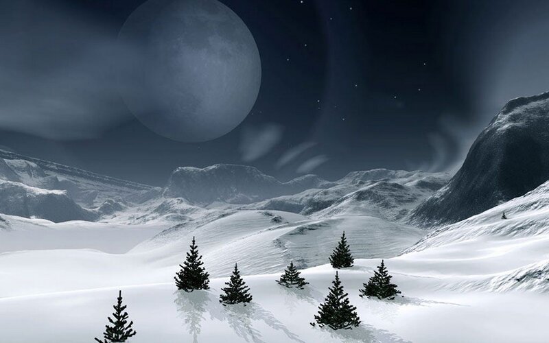 Snow-covered Mountains — White, Serene, Night, Digital Art, Moon