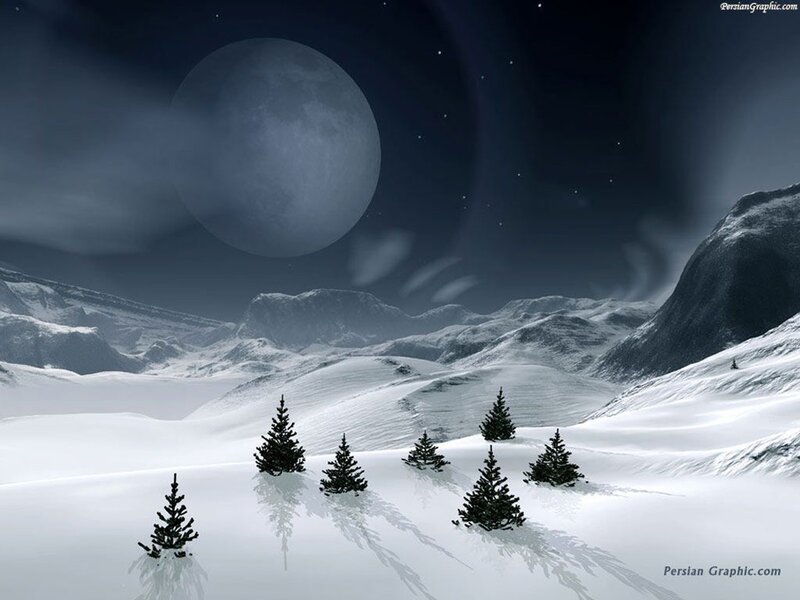 Snow-covered Mountains — White, Serene, Night, Digital Art, Moon, Trees