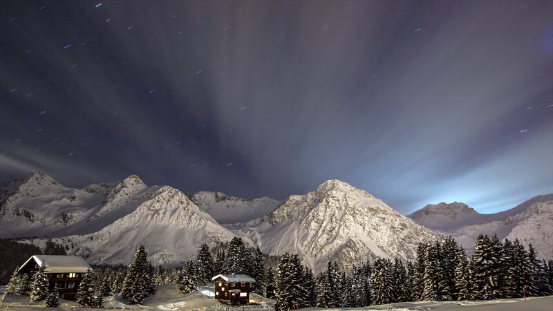 Snow-covered Mountains — White, Serene, Night, Photograph, Huts