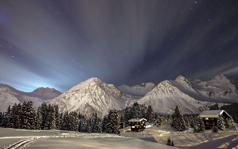 Snow-covered Mountains — White, Serene, Night, Photograph, Trees