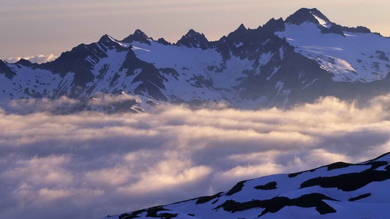 Snow-covered Mountains — White, Serene, Sunrise, Photograph, Clouds, Mountain Peaks