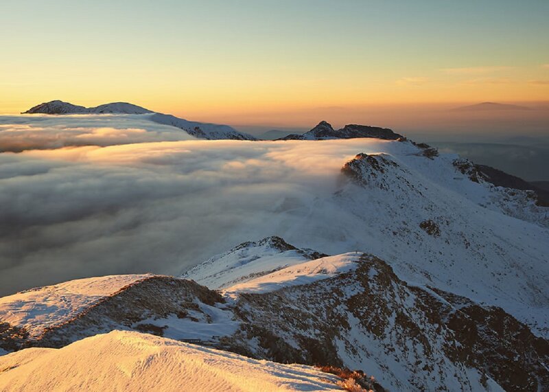 Snow-covered Mountains — White, Serene, Sunrise, Photograph, Clouds