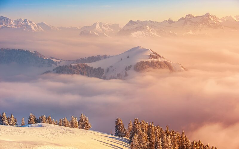 Snow-covered Mountains — White, Serene, Sunrise, Photograph, Clouds, Trees