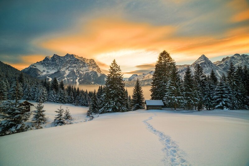 Snow-covered Mountains — White, Serene, Sunset, Photograph, Trees, Hut