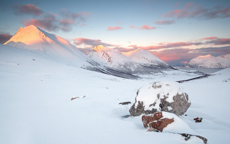 Snow-covered Mountains — White, Serene, Sunset