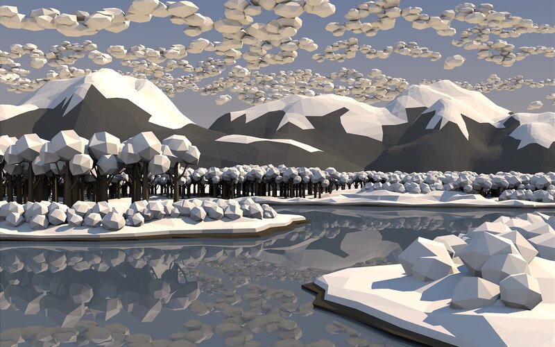 Snow-covered Mountains — White, Serene, Winter, 3d Render, Trees