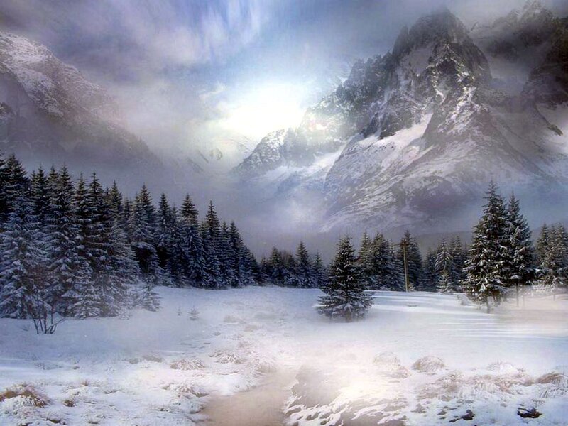 Snow-covered Mountains — White, Serene, Winter, Digital Art, Trees