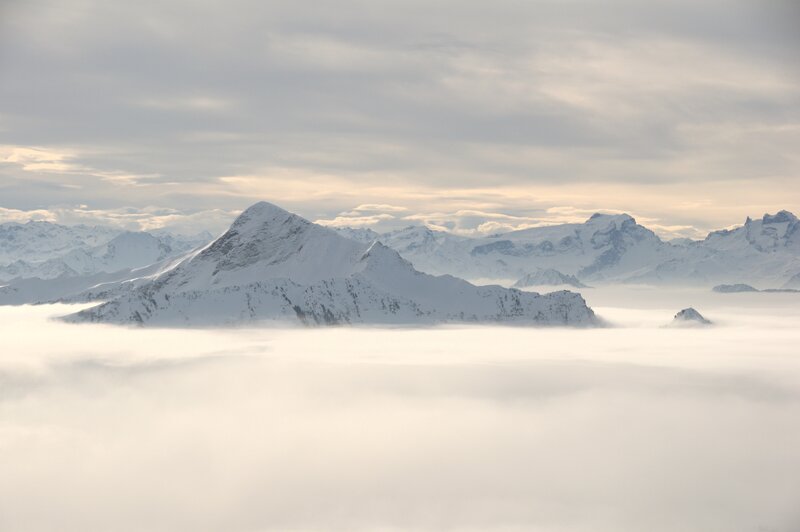 Snow-covered Mountains — White, Serene, Winter, Photograph, Clouds, Fog