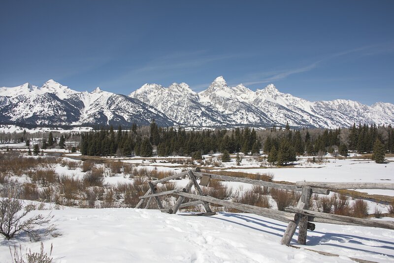 Snow-covered Mountains — White, Serene, Winter, Photograph, Fence, Trees, River