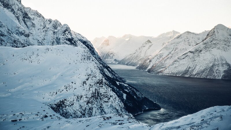 Snow-covered Mountains — White, Serene, Winter, Photograph, Fjord, Sky