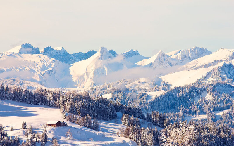Snow-covered Mountains — White, Serene, Winter, Photograph, Forest, Cabin, Clouds