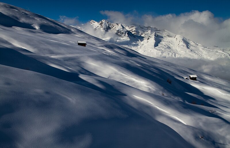 Snow-covered Mountains — White, Serene, Winter, Photograph, Huts