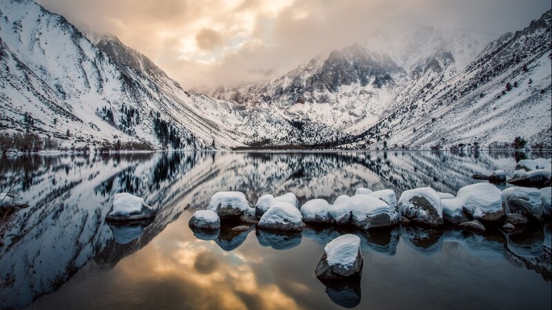 Snow-covered Mountains — White, Serene, Winter, Photograph, Lake, Rocks, Clouds