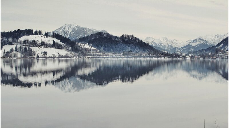 Snow-covered Mountains — White, Serene, Winter, Photograph, Lake, Trees, Village