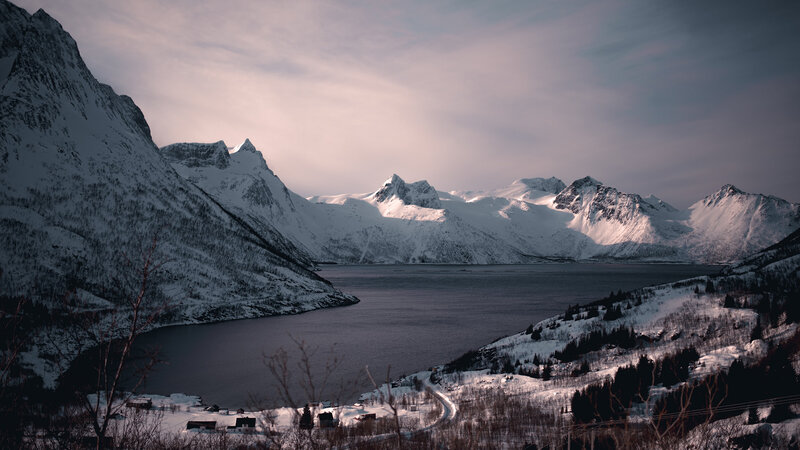 Snow-covered Mountains — White, Serene, Winter, Photograph, Lake, Village