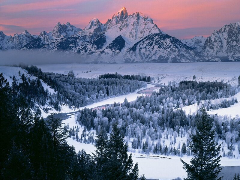 Snow-covered Mountains — White, Serene, Winter, Photograph, River, Forest, Blue