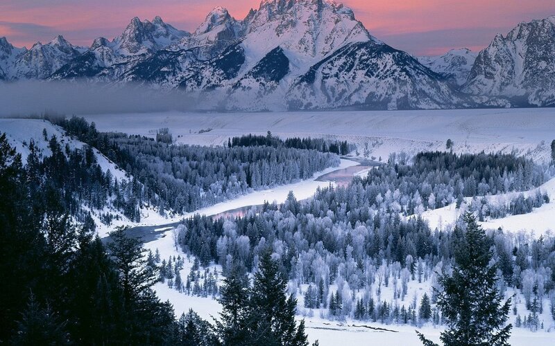 Snow-covered Mountains — White, Serene, Winter, Photograph, River