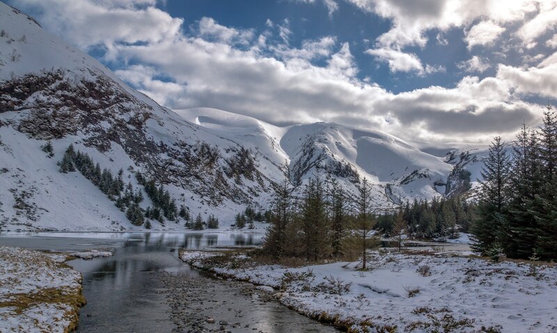 Snow-covered Mountains — White, Serene, Winter, Photograph, River, Trees, Clouds