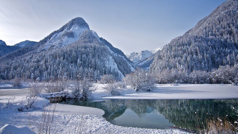 Snow-covered Mountains — White, Serene, Winter, Photograph, River, Trees, Forest