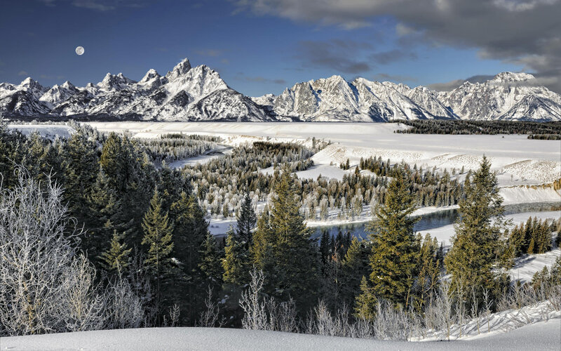 Snow-covered Mountains — White, Serene, Winter, Photograph, River, Trees, Moon