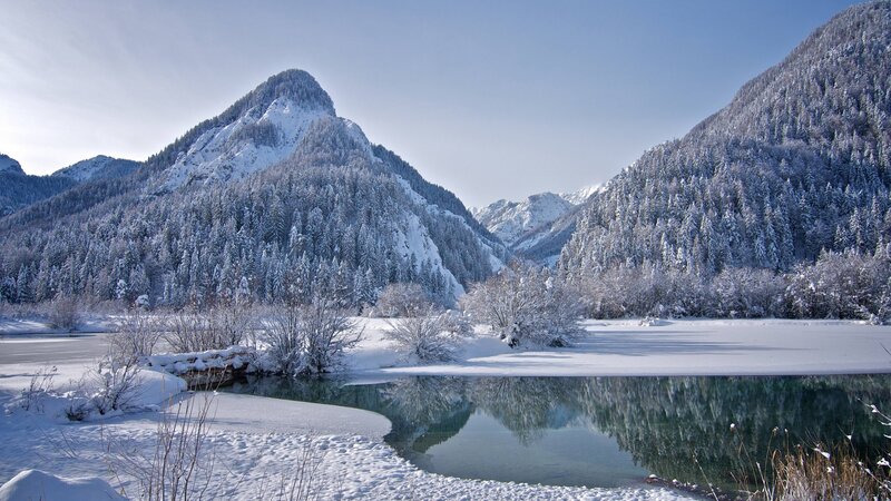 Snow-covered Mountains — White, Serene, Winter, Photograph, River, Trees