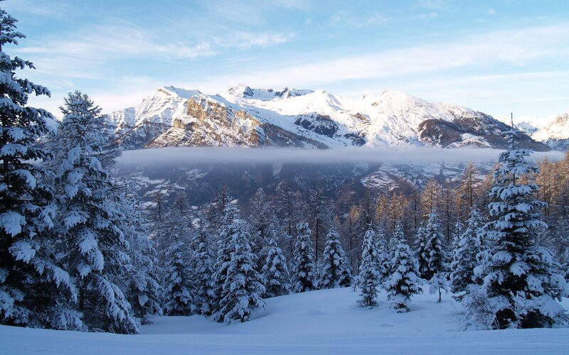 Snow-covered Mountains — White, Serene, Winter, Photograph, Trees, Fog, Sky