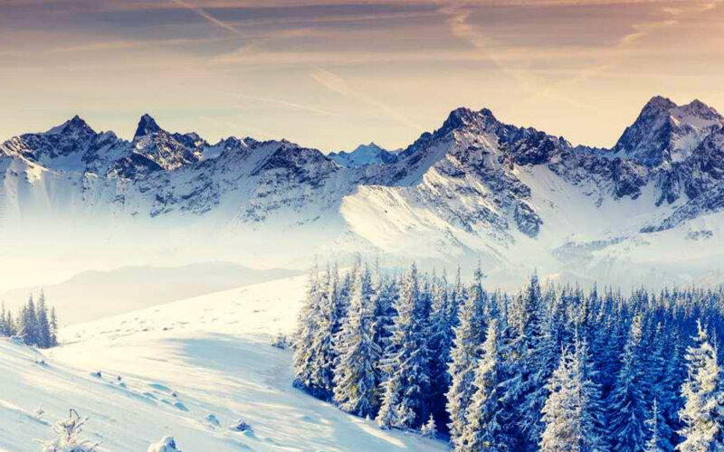 Snow-covered Mountains — White, Serene, Winter, Photograph, Trees, Forest, Sky
