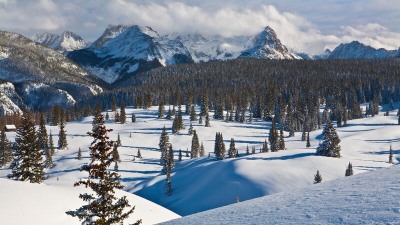 Snow-covered Mountains — White, Serene, Winter, Photograph, Trees, Forests, Clouds