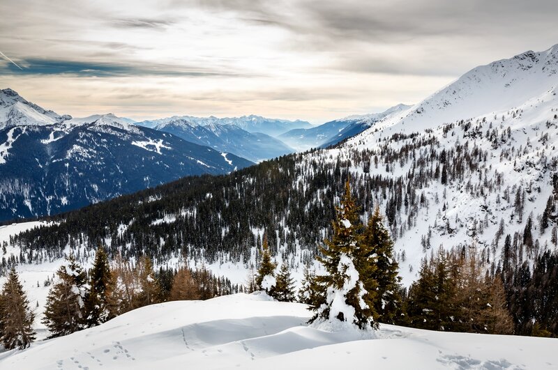Snow-covered Mountains — White, Serene, Winter, Photograph, Trees, Forests, Sky