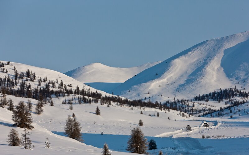 Snow-covered Mountains — White, Serene, Winter, Photograph, Trees, Hills, Sky, Blue, Brown