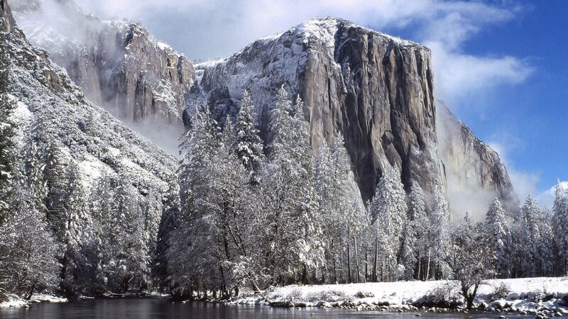Snow-covered Mountains — White, Serene, Winter, Photograph, Trees, River, Fog