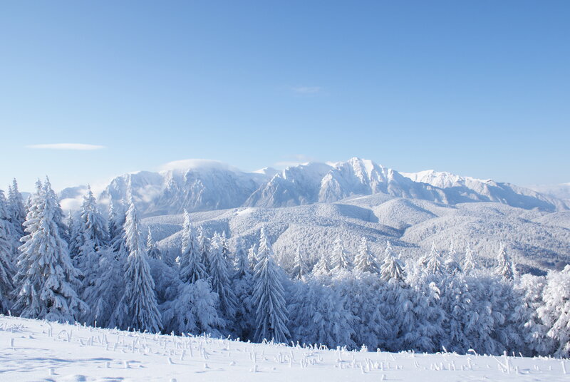 Snow-covered Mountains — White, Serene, Winter, Photograph, Trees, Sky