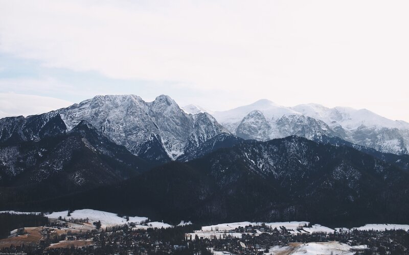 Snow-covered Mountains — White, Serene, Winter, Photograph, Village, Forests, Sky