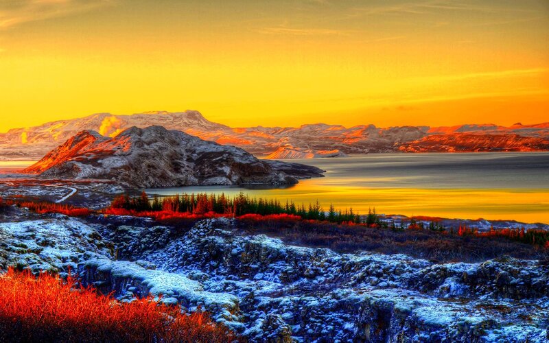 Snow-covered Mountains — Yellow, Dramatic, Sunset, Photograph, Lake