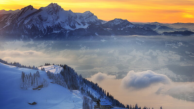 Snow-covered Mountains — Yellow, Serene, Sunset