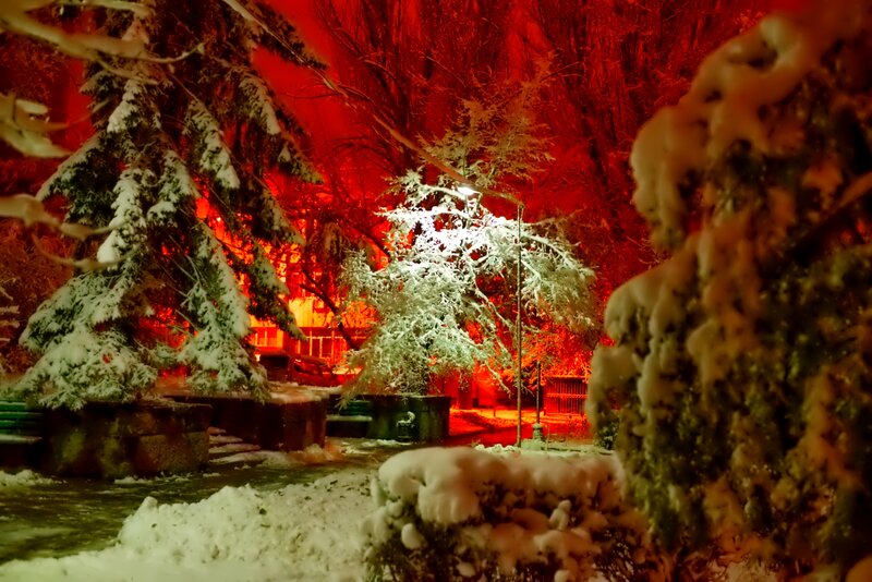 Snow-covered Park at Night — Red