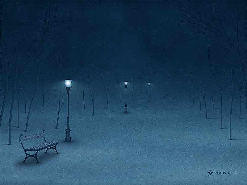 Snow-covered Park Bench — Blue, Serene, Night, Digital Art, Streetlights, Trees