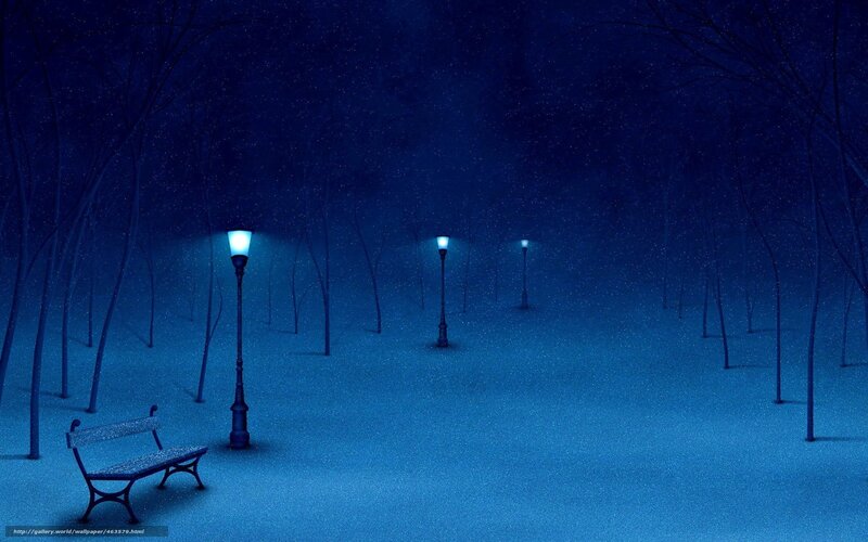 Snow-covered Park Bench — Blue, Serene, Night, Digital Art