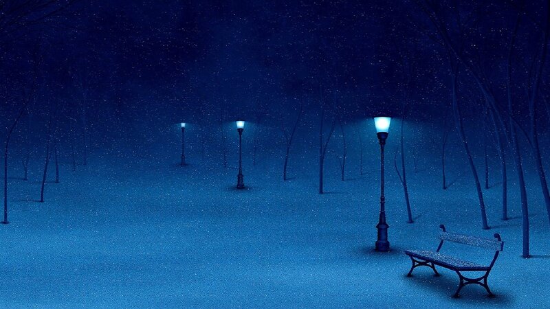Snow-covered Park Bench — Blue, Serene, Night