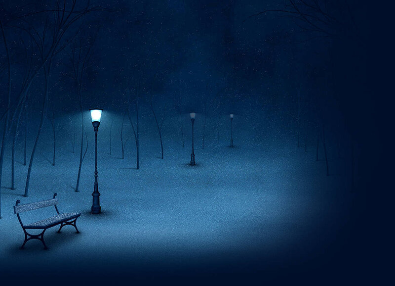 Snow-covered Park Bench — Blue, Serene