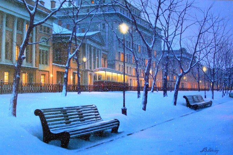 Snow-covered Park Bench — Blue, Serene, Winter, Painting, Trees