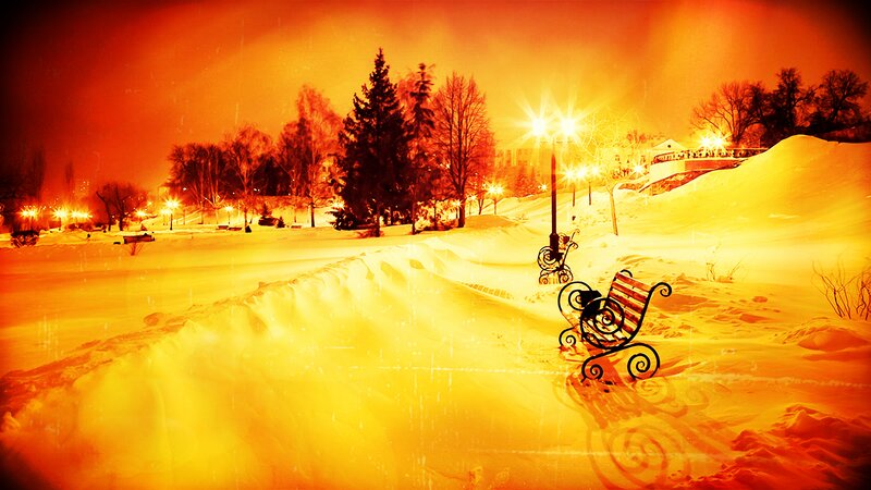 Snow-covered Park Bench — Orange, Dramatic