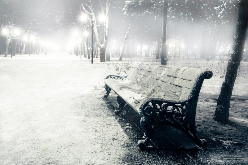 Snow-covered Park Bench — White, Cold, Night
