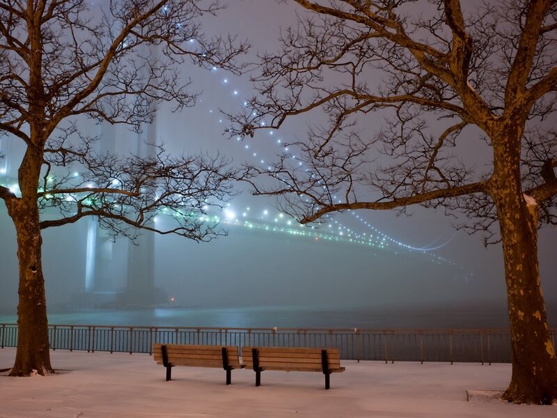 Snow-covered Park Bench — White, Serene, Night