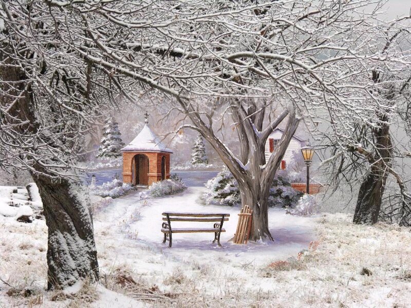Snow-covered Park Bench — White, Serene, Winter, Painting