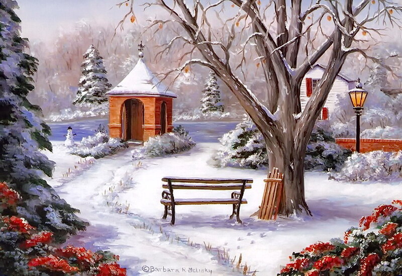 Snow-covered Park Bench — White, Serene, Winter, Painting, Tree