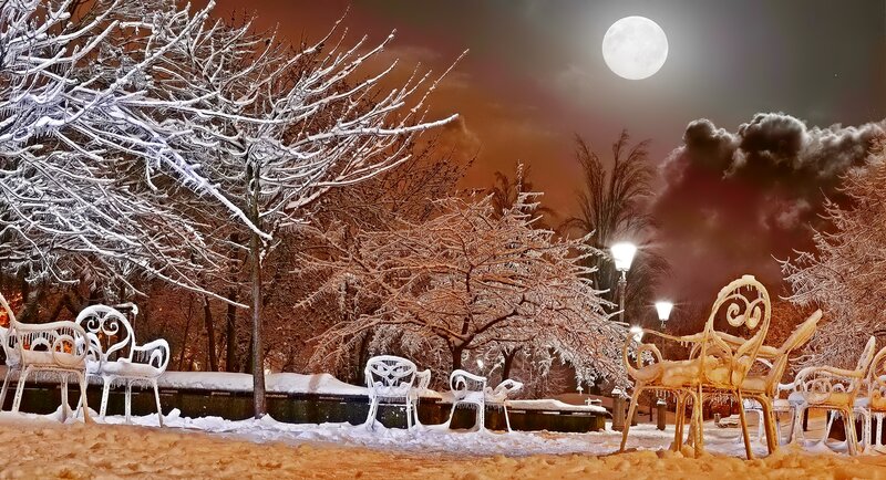 Snow-covered Park Benches — White, Serene, Night