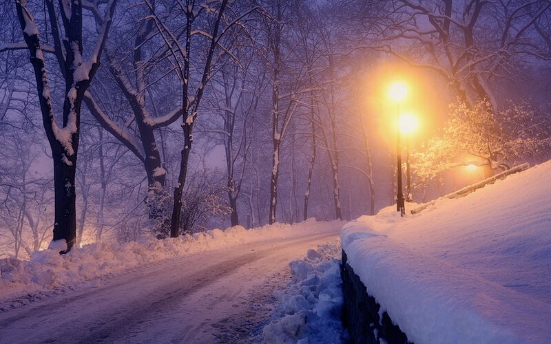 Snow-covered Park Path — Purple, Serene