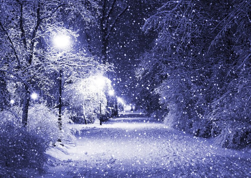 Snow-covered Park Path — Streetlights