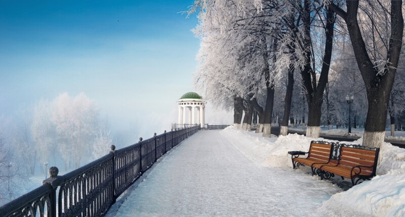 Snow-covered Park Path — White, Serene, Winter, Photograph, Trees, Bench, Pavilion